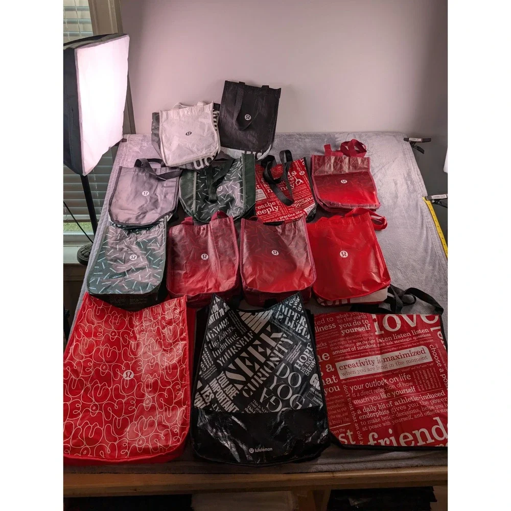 Lululemon Reusable Shopping Tote Bag Lot of 13 Small Medium Red Black Green